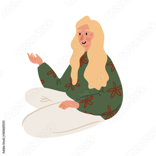 Illustration of a blonde woman in a green sweater sitting sideways with calm expression and loose hair. Flat vector illustration.