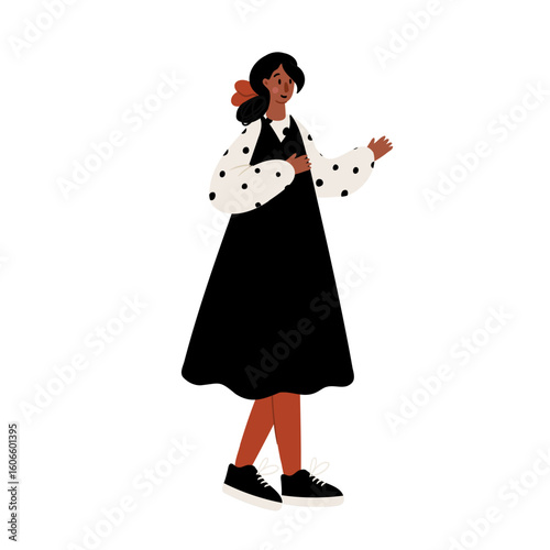 Illustration of a young black woman with bow hairstyle wearing long black dress, standing in profile. Flat vector illustration.