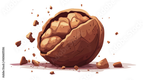 A digital illustration of a cracked walnut shell with pieces of the shell flying off. The walnut is depicted in a realistic style with detailed rendering of textures and colors. 