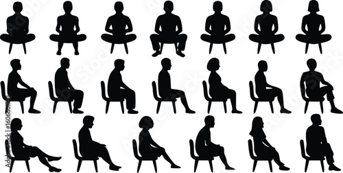 Vector art of various people in different sitting and meditative poses shown as silhouettes isolated on transparent background.