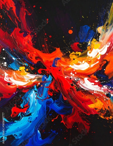 Abstract painting with vibrant colors and dynamic movement