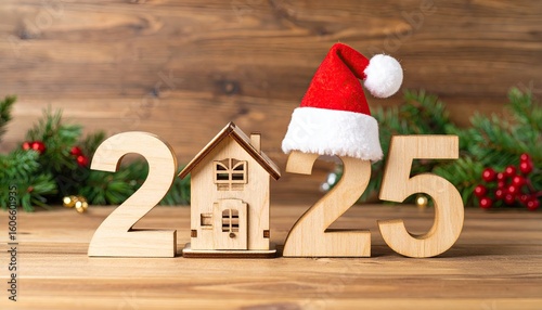 Wooden numbers 2025 with house
