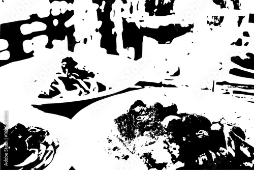 Close up view of three plates featuring various food items in a black and white monochrome setting