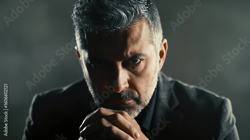 Dramatic portrait of a pensive mature businessman in a suit looking intensely at the camera in a dark setting