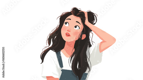 A digital illustration of a young woman with long dark brown hair. She is looking upward with a thoughtful expression, her hand resting on her head.  She wears a white short-sleeved shirt and denim