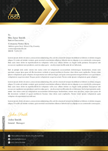 Letterhead template business. Business letterhead template, modern with black and gold shapes with ornament. Ready to Print.