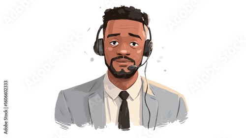 A digital illustration depicting a close-up portrait of a young African American man with a concerned expression. He is wearing a grey suit, a dark tie, and a headset with a microphone. 