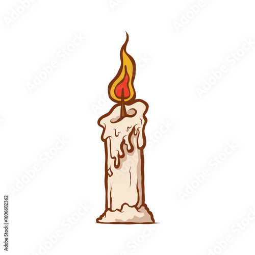 Vintage Burning Candle Illustration – Hand Drawn Melting Wax Candle with Flame for Spiritual and