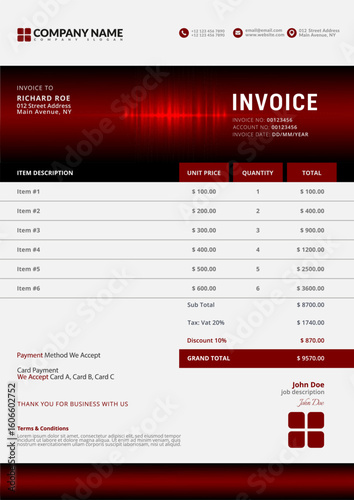Editable vector invoice design template. A4 Paper size.