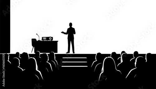 Silhouette of a speaker addressing an audience on a stage with a projector and screen