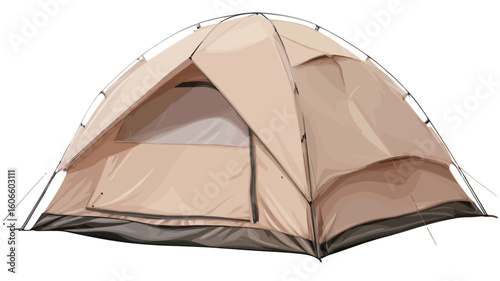 A studio shot of a beige dome tent on a white background. The tent is fully assembled and shows its entrance partially open.  The tent is a light beige or tan color, with visible tent poles