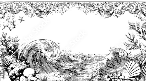 Ornate frame with ocean waves seashells coral and starfish in a black and white vintage illustration