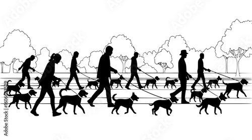 Silhouettes of people walking dogs on leashes along a park path with trees