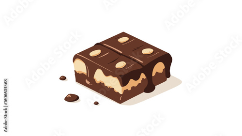 Isometric illustration of a square chocolate bar with visible layers. The top layer is dark chocolate with embedded nuts, drizzled with additional dark chocolate. 