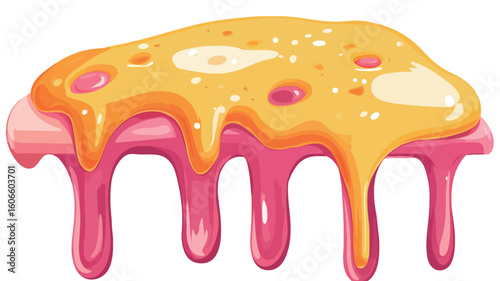 A digital illustration depicting an abstract representation of a melted dessert.  The image features a predominantly pink base with a yellow, gooey substance melting and dripping down. 