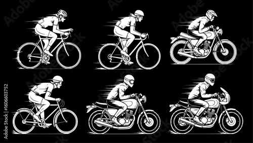Illustration of cyclists and motorcyclists in motion against a dark background