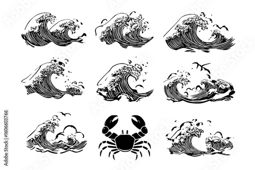 Illustration of nine stylized waves with birds and a crab in black and white on a white background