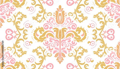 Ornate floral damask pattern on white background