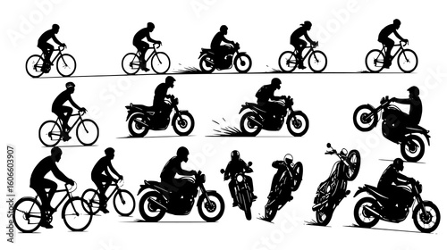 Collage of motorcycle and bicycle riders in action, performing stunts and riding, isolated on white background