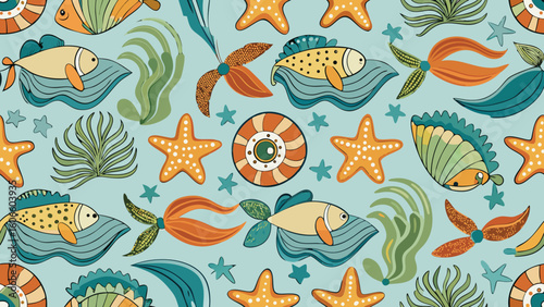 Seamless marine-themed fabric pattern featuring ocean elements such as seashells, waves, starfish, and marine plants in a cohesive and decorative vector design for textile applications
