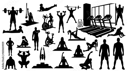 Gym and fitness silhouettes including cardio machines and weightlifting isolated on white background