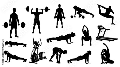 Collection of fitness and exercise silhouettes showing various activities like weightlifting, cardio, and stretching isolated on white background