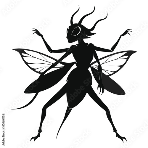 Silhouette of a Fantasy Insectoid Creature with Antlers and Wings Standing Firmly with Spooky Claws