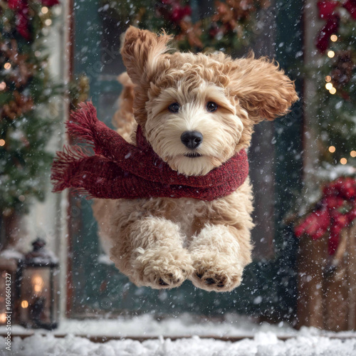 Golden doodle puppy jumping mid-air wearing red scarf outdoors