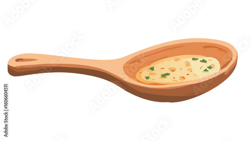 A digital illustration depicts a light orange-brown wooden spoon holding a small portion of pale yellow creamy food with flecks of green garnish. The spoon is presented against a plain white