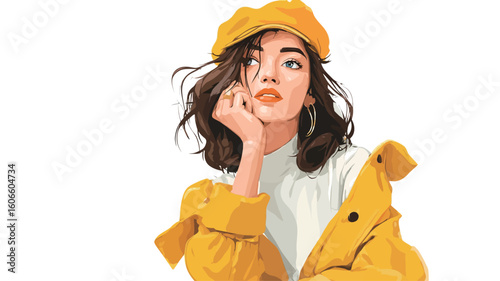 Digital illustration of a young woman with shoulder-length brown hair, wearing a yellow newsboy cap and a yellow jacket over a white shirt.  Her pose is thoughtful, with her hand resting on her