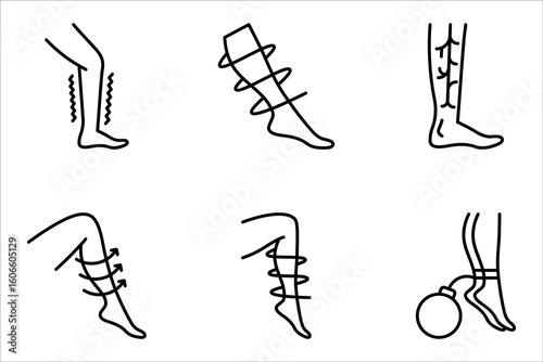 Varicose veins line icon set. Leg veins thrombosis disease. Treatment, vector illustration on white background