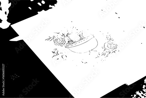 A still life sketch featuring a bowl with fruit surrounded by roses on a textured monochrome surface