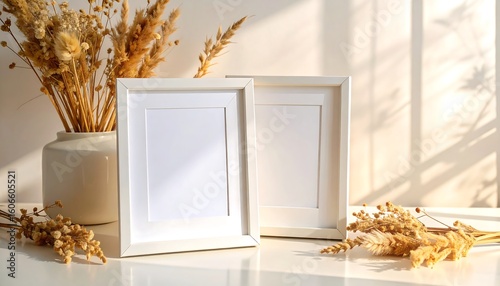 Displaying Picture Frames with Dried Flowers in Vase and Sunlight