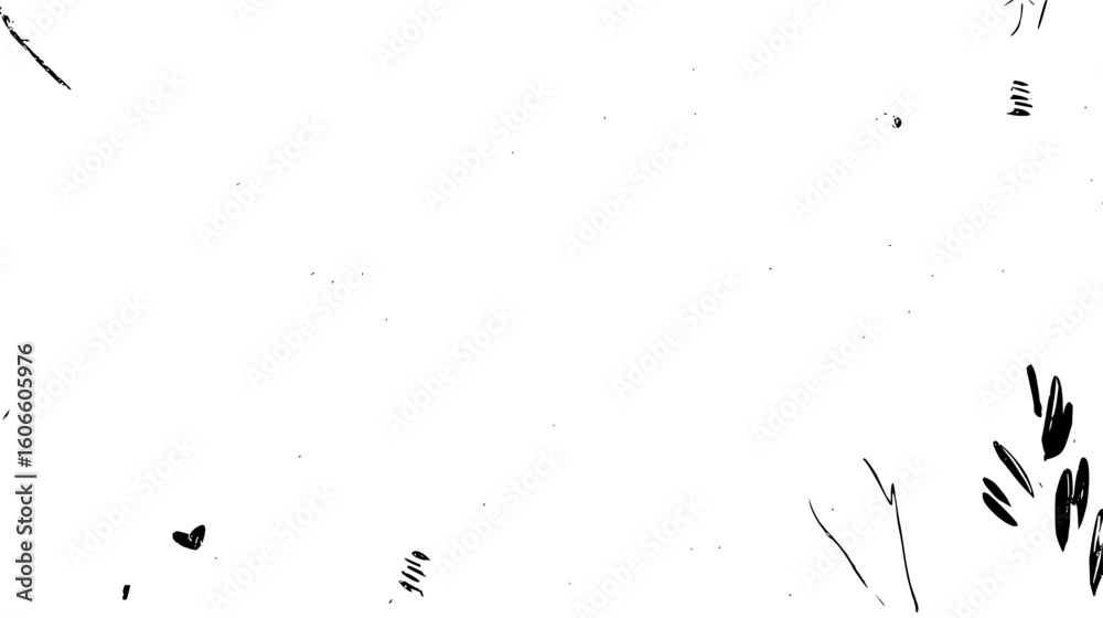 A white background with scattered black ink marks and abstract shapes in a minimalist composition style art