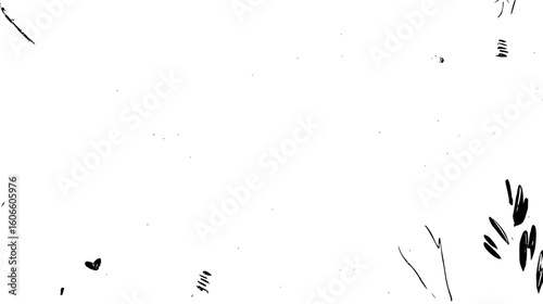 A white background with scattered black ink marks and abstract shapes in a minimalist composition style art