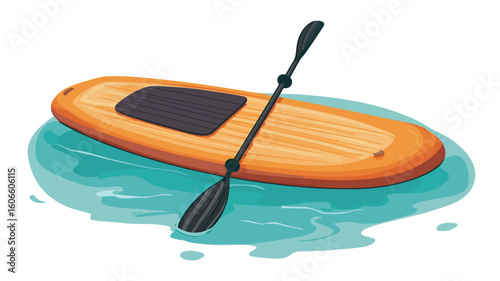 A digital illustration depicts an orange stand-up paddleboard floating on calm, turquoise water. The paddleboard is oblong with a dark rectangular section near the center. A black paddle rests on