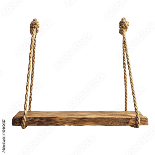 Hanging wooden swing with rope knots isolated on transparent background