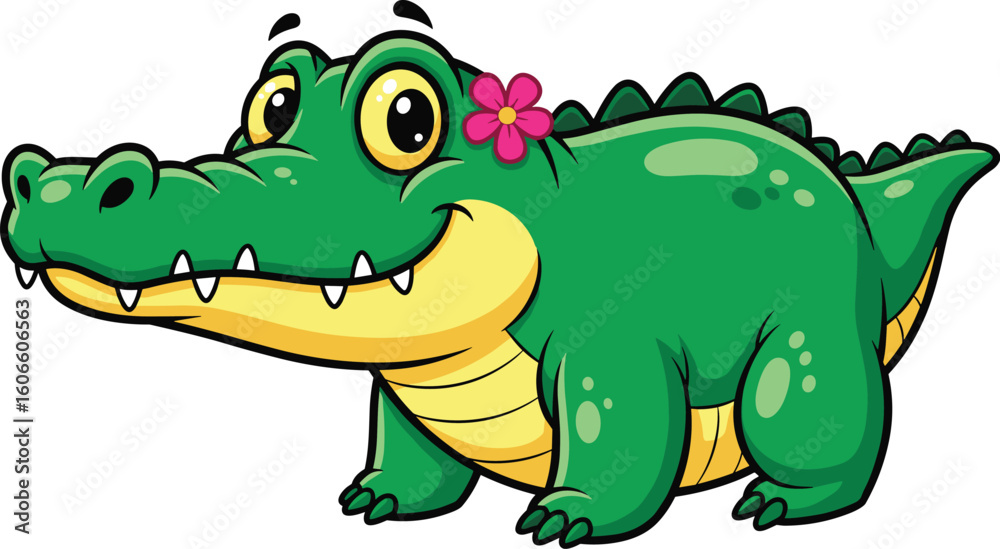 Fototapeta premium Cartoon alligator smiles with pink flower. Cute reptile, friendly, animal character, illustration, clip art, design, vector, funny, nature, happiness, happy, wildlife, cheerful.