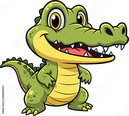 Cartoon alligator smiles happily with sharp teeth. Cheerful reptile, predator, wildlife, mascot, nature, zoo animal, character, illustration, green, cheerful