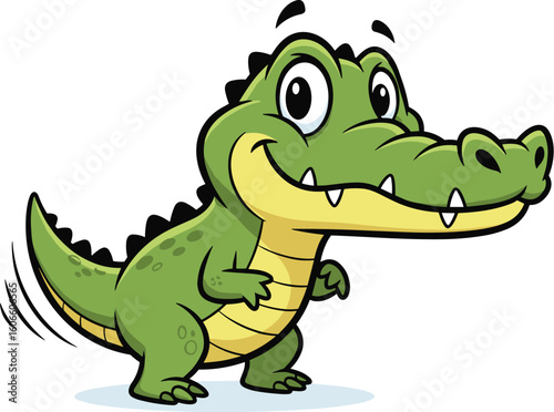 Happy cartoon alligator walks, wags its tail. Friendly reptile with a smile, vector illustration. Mascot, character, cheerful, animal, wildlife, cute, funny.