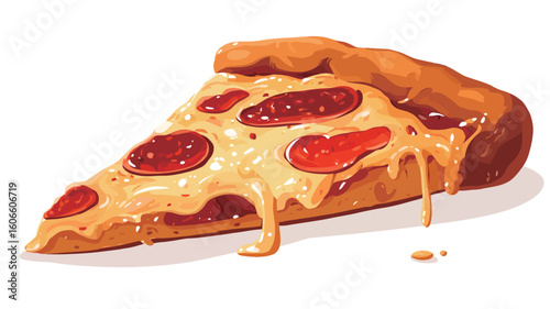 A digital illustration of a single slice of pepperoni pizza against a white background. The pizza slice features melted cheese, visible pepperoni slices, and a slightly browned crust.  