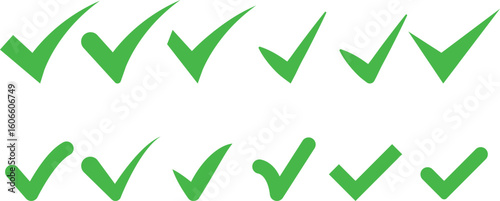 Green check mark icon set. Correct vote choice symbol. approved sign. social media verified badge sign. symbolizing success icons.

