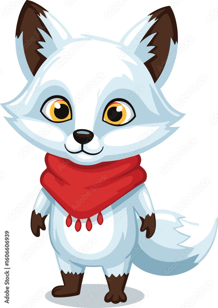 Fototapeta premium Cute arctic fox wears a red scarf. Winter animal, cartoon illustration, festive, holiday, adorable, mascot, wildlife, nature, character, snow, cold weather