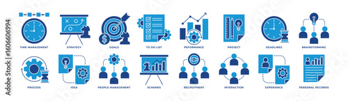 Icon Set of Management, Time Management, Strategy, Goals, To Do List, Proses and More. Icon Blue Style