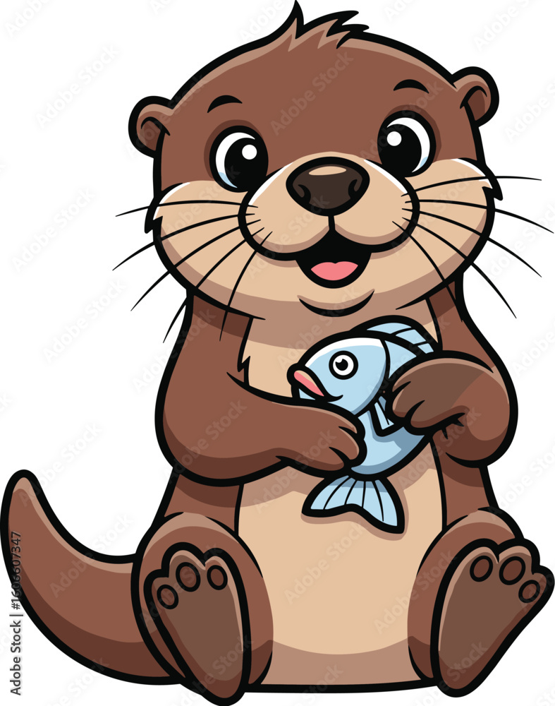 Naklejka premium Otter holds a fish, grinning. Cartoon animal, cute character, playful, wildlife, humor, fun, illustration, nature, happy, adorable, funny, smile.