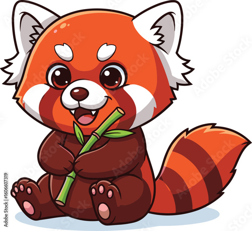 Cartoon red panda sits and eats bamboo. Cute, adorable, happy, animal, nature, cartoon, illustration