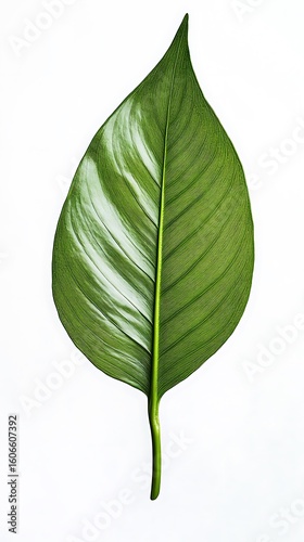 Macro shot of a single vivid green leaf with subtle white stripes on white