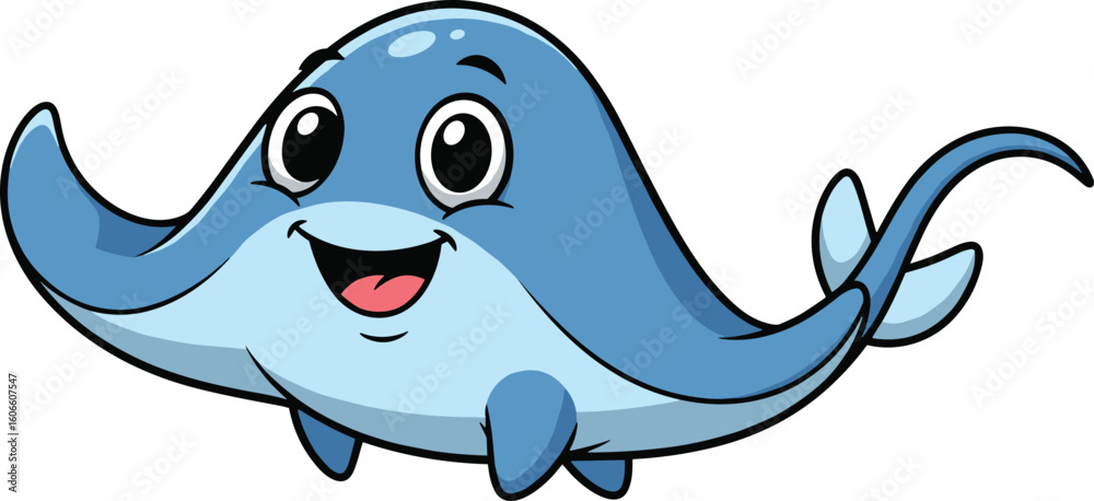 Obraz premium Happy cartoon stingray smiles with fins out. Cute sea life character, underwater animal, marine wildlife, ocean creature, friendly