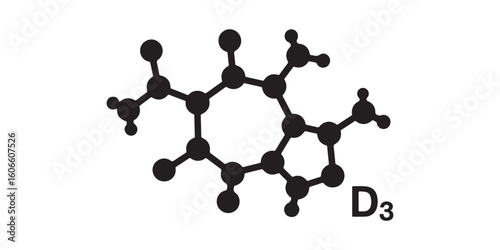 Illustration of a black vitamin d molecule structure with the label d three on a white background
