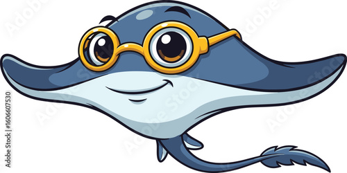 Smiling cartoon stingray wears glasses. Cute character, marine life, underwater, education, animal, sea, ocean, clever, fun, aquarium, blue, fish, happy